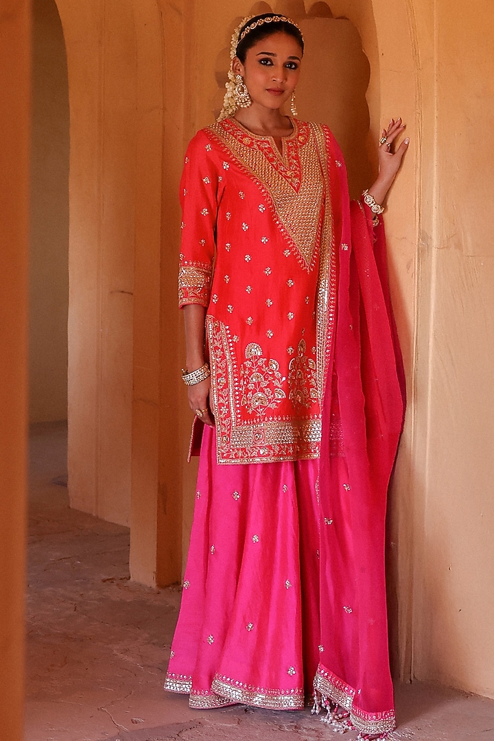 Hot Pink Spun Silk Gota Work Wedding Sharara Set by Surbhi Shah at Pernia's Pop Up Shop