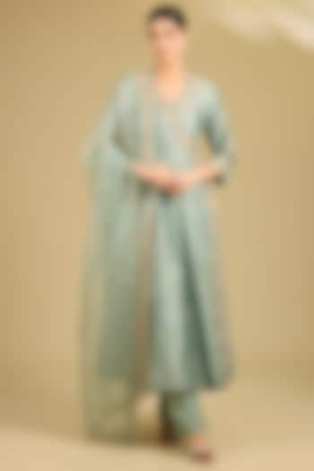 Sea Blue Spun Silk Pearl Work Angrakha Wedding Anarkali Set by SURBHI SHAH at Pernia's Pop Up Shop