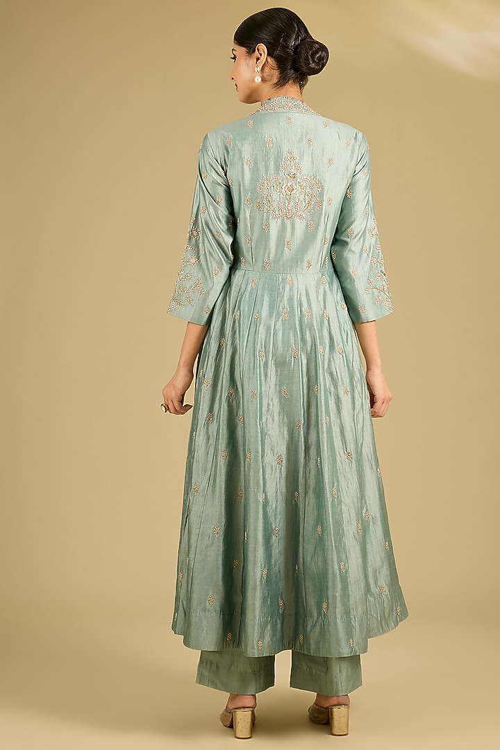 Sea Blue Spun Silk Pearl Work Angrakha Wedding Anarkali Set by SURBHI SHAH at Pernia's Pop Up Shop