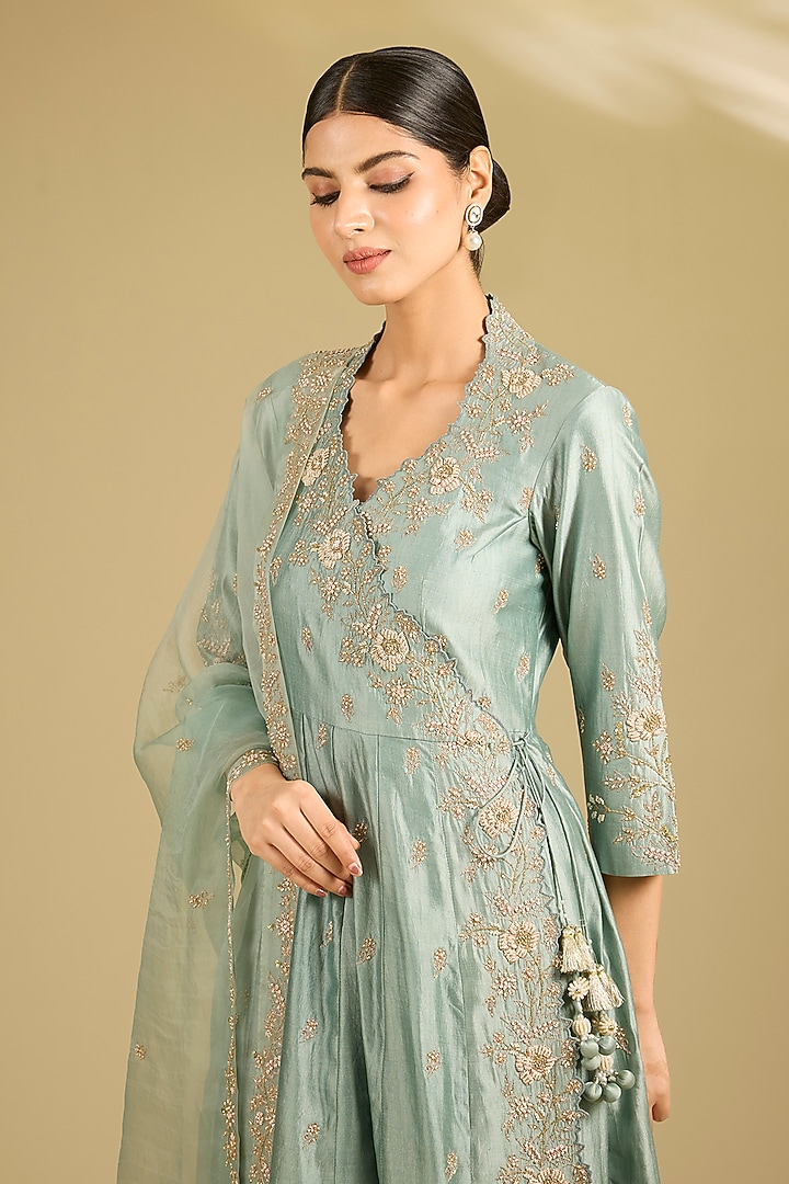 Sea Blue Spun Silk Pearl Work Angrakha Wedding Anarkali Set by SURBHI SHAH at Pernia's Pop Up Shop