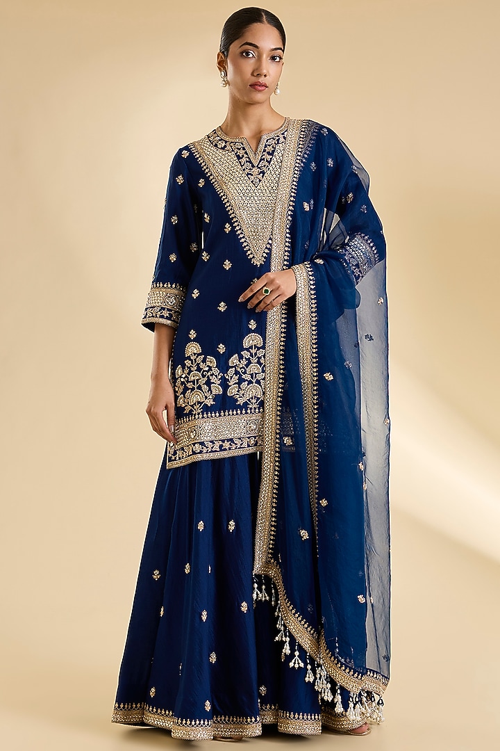Navy Blue Organza Wedding Sharara Set by SURBHI SHAH at Pernia's Pop Up Shop