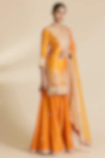 Mustard Spun Silk Gota Cheed Work Wedding Sharara Set by SURBHI SHAH at Pernia's Pop Up Shop