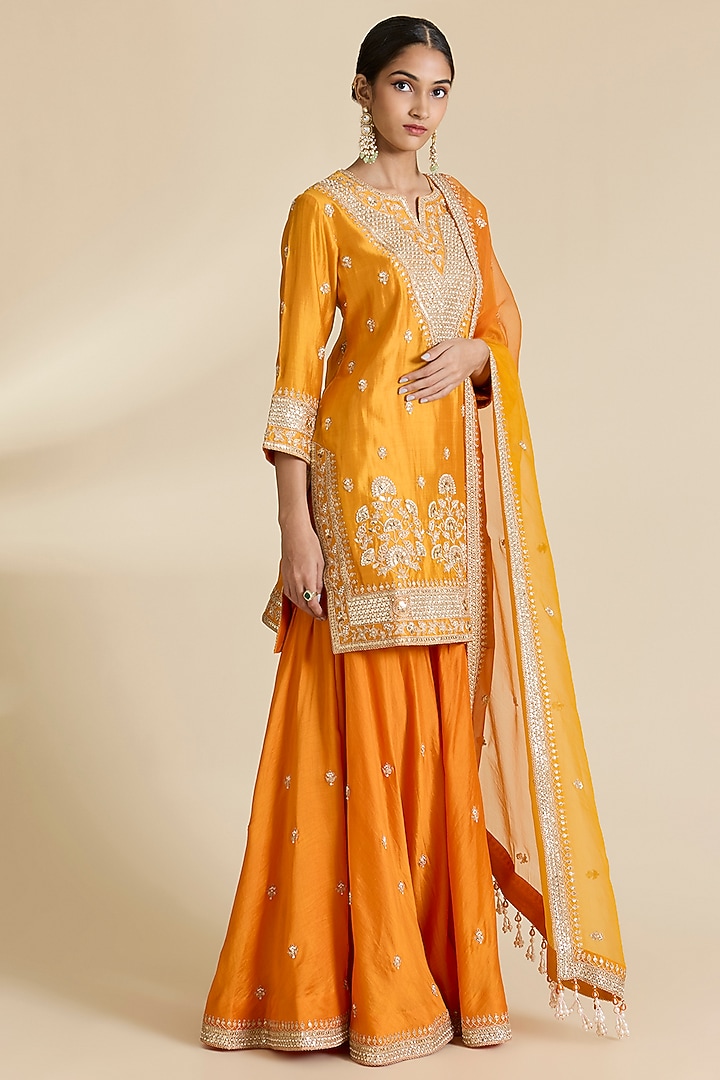 Mustard Spun Silk Gota Cheed Work Wedding Sharara Set by SURBHI SHAH at Pernia's Pop Up Shop