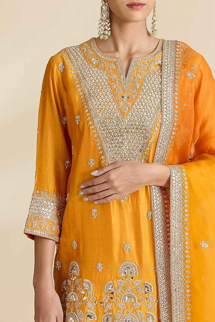 Mustard Spun Silk Gota Cheed Work Wedding Sharara Set by SURBHI SHAH at Pernia's Pop Up Shop