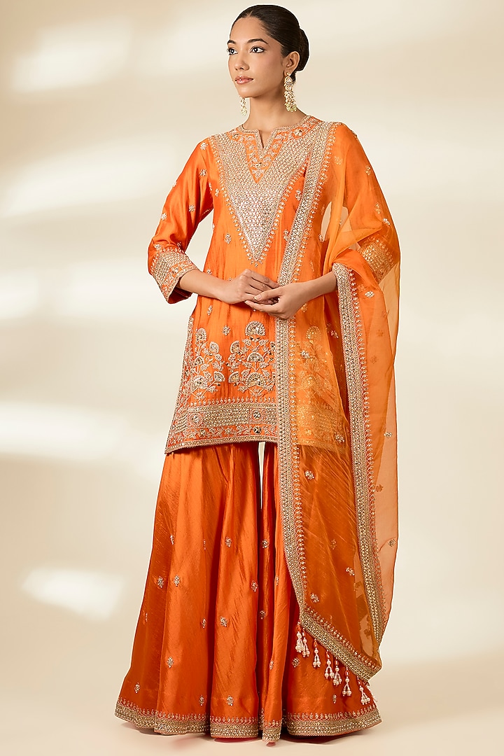 Orange Spun Silk Wedding Sharara Set by Surbhi Shah at Pernia's Pop Up Shop