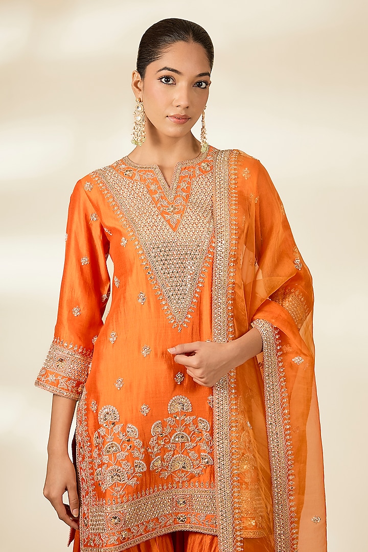 Orange Spun Silk Wedding Sharara Set by Surbhi Shah at Pernia's Pop Up Shop