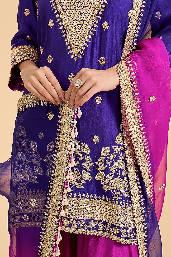 Purple Spun Silk Gota Cheed Work Kurta Set by Surbhi Shah at Pernia's Pop Up Shop