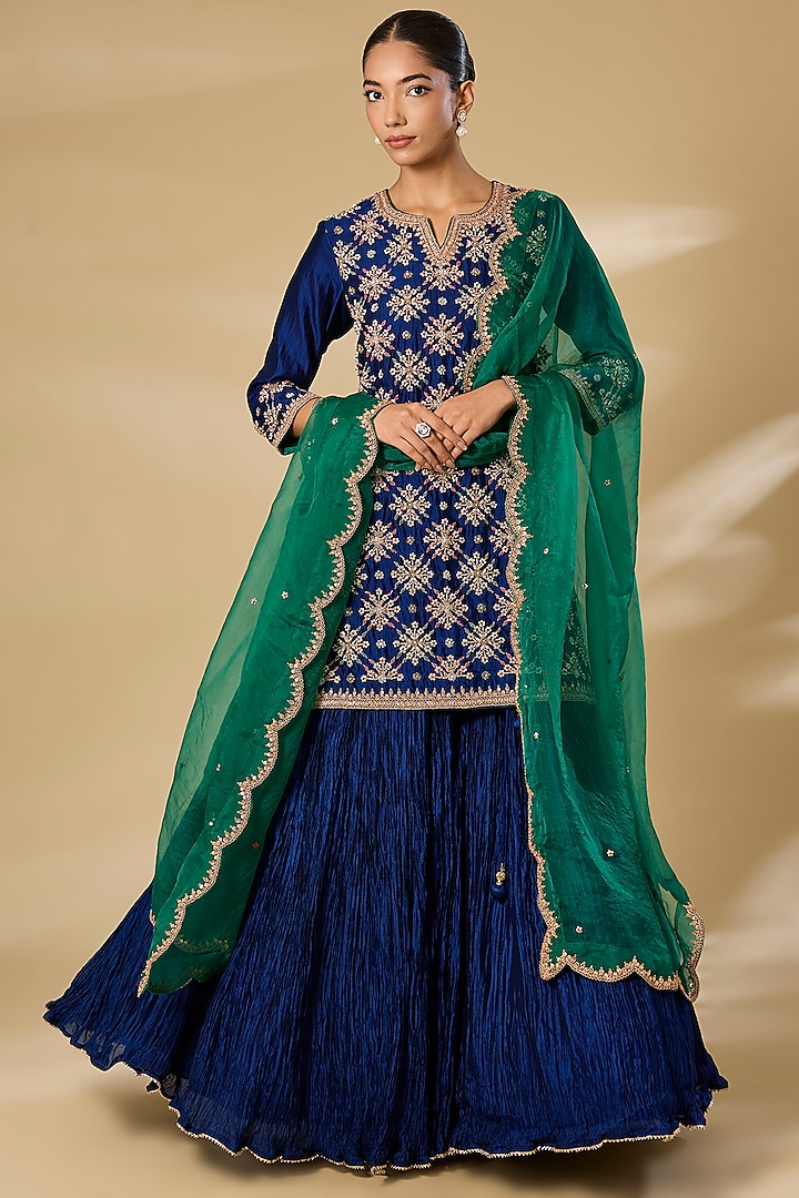 Navy Blue Kora Silk Crushed Skirt Set by SURBHI SHAH at Pernia's Pop Up Shop