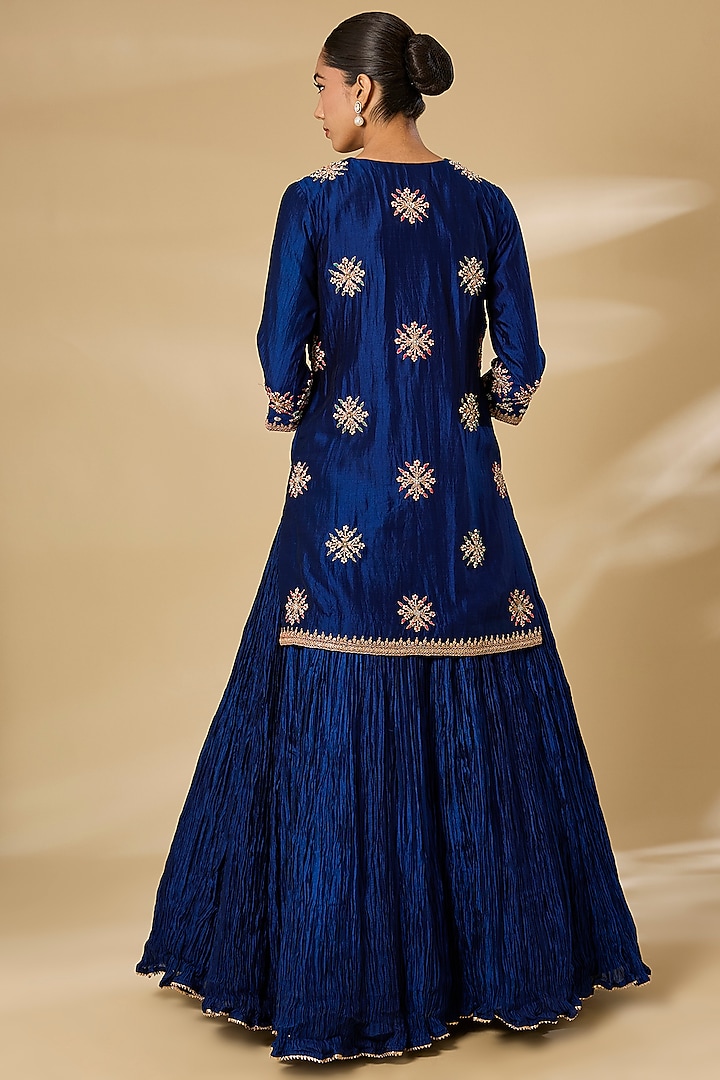 Navy Blue Kora Silk Crushed Skirt Set by SURBHI SHAH at Pernia's Pop Up Shop