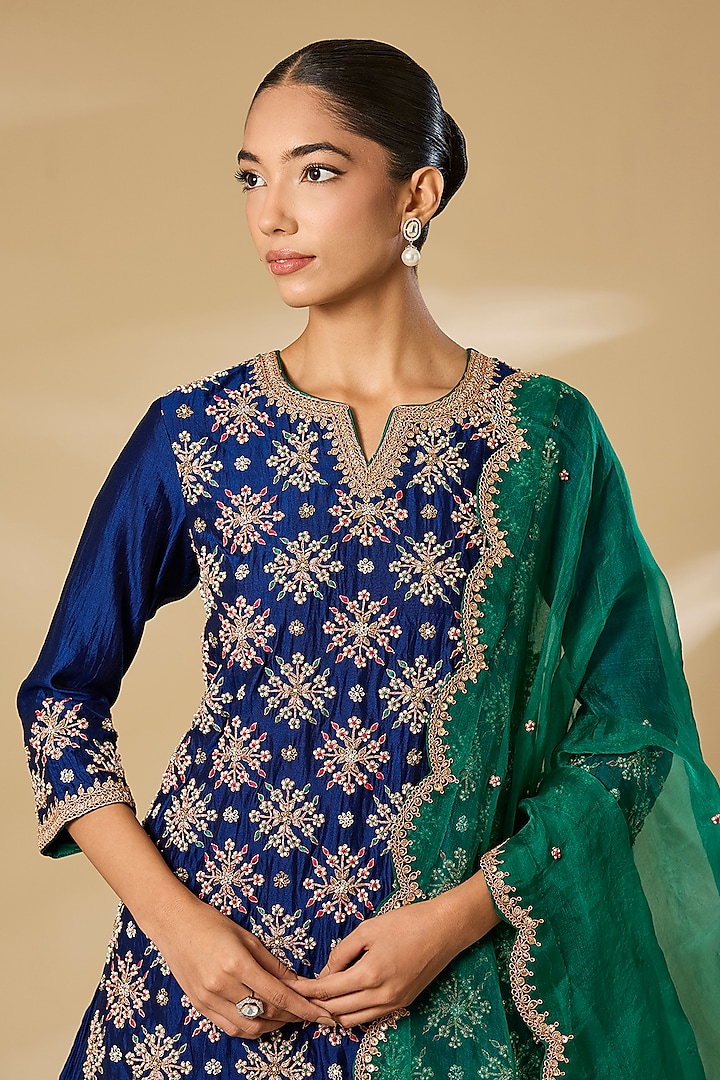 Navy Blue Kora Silk Crushed Skirt Set by SURBHI SHAH at Pernia's Pop Up Shop
