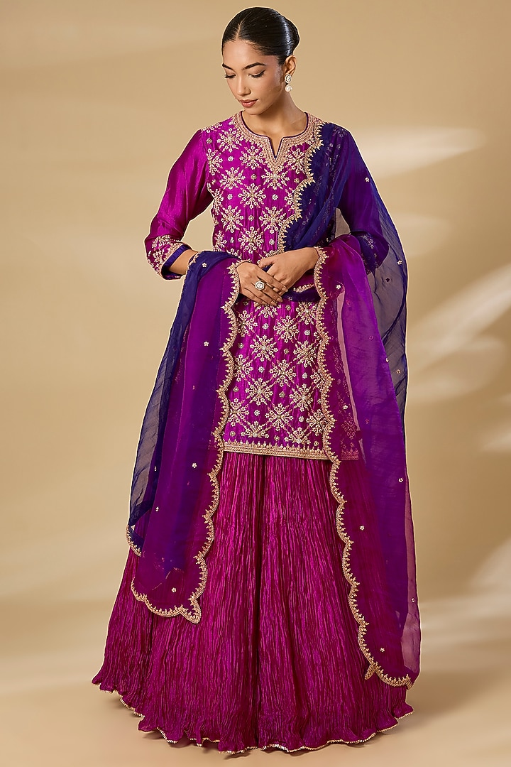 Magenta Kora Silk Crushed Skirt Set by SURBHI SHAH at Pernia's Pop Up Shop