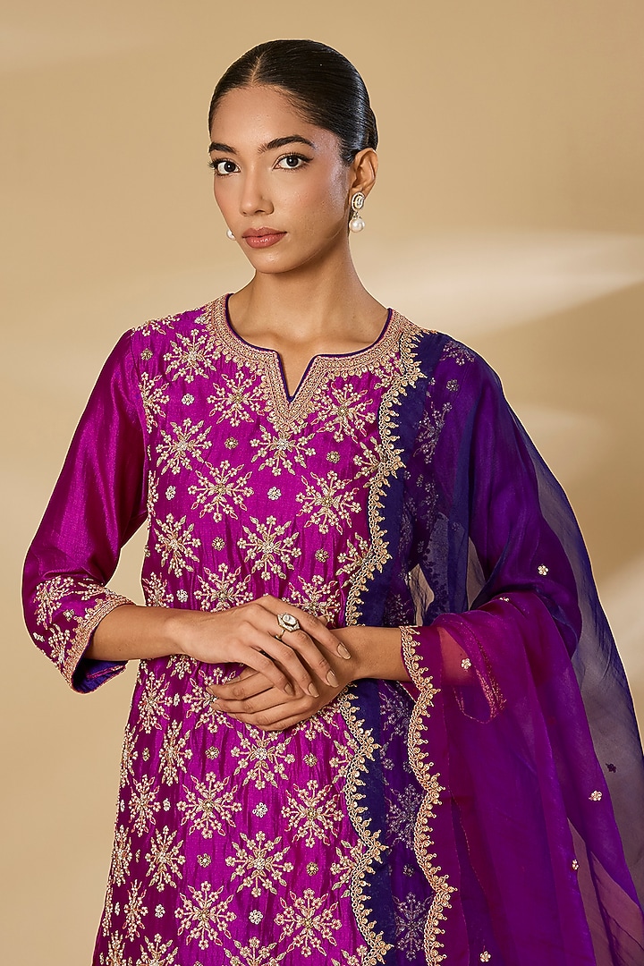 Magenta Kora Silk Crushed Skirt Set by SURBHI SHAH at Pernia's Pop Up Shop