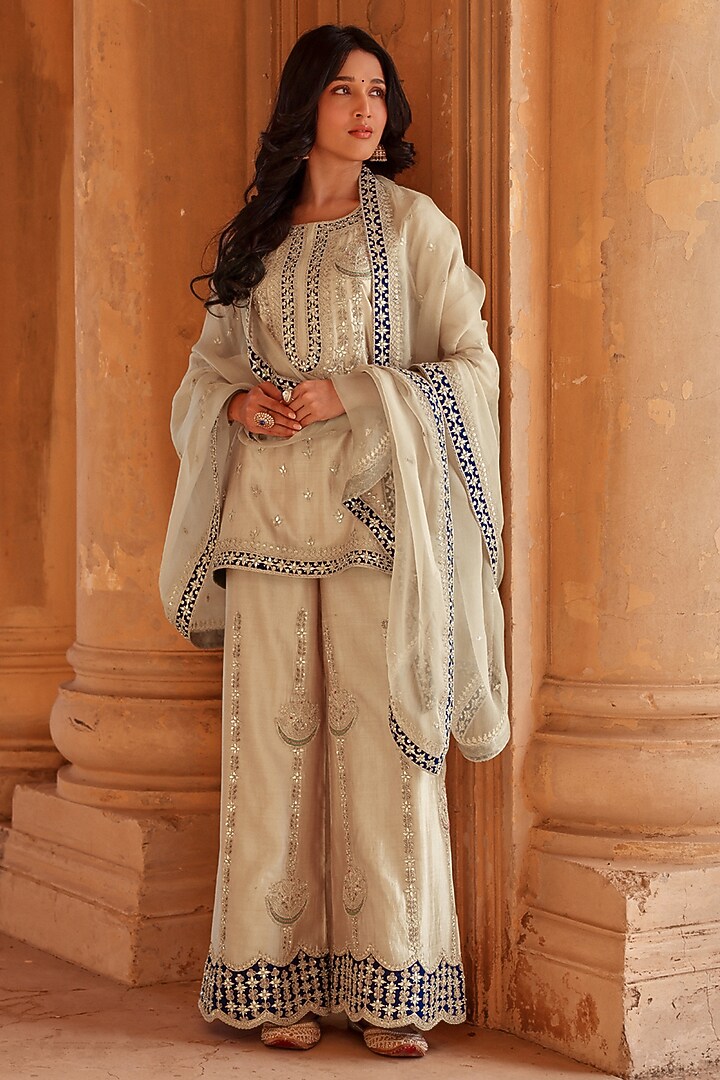 Champagne Spun Silk Marori Work Kurta Set by SURBHI SHAH at Pernia's Pop Up Shop