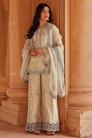 Champagne Spun Silk Marori Work Kurta Set by SURBHI SHAH