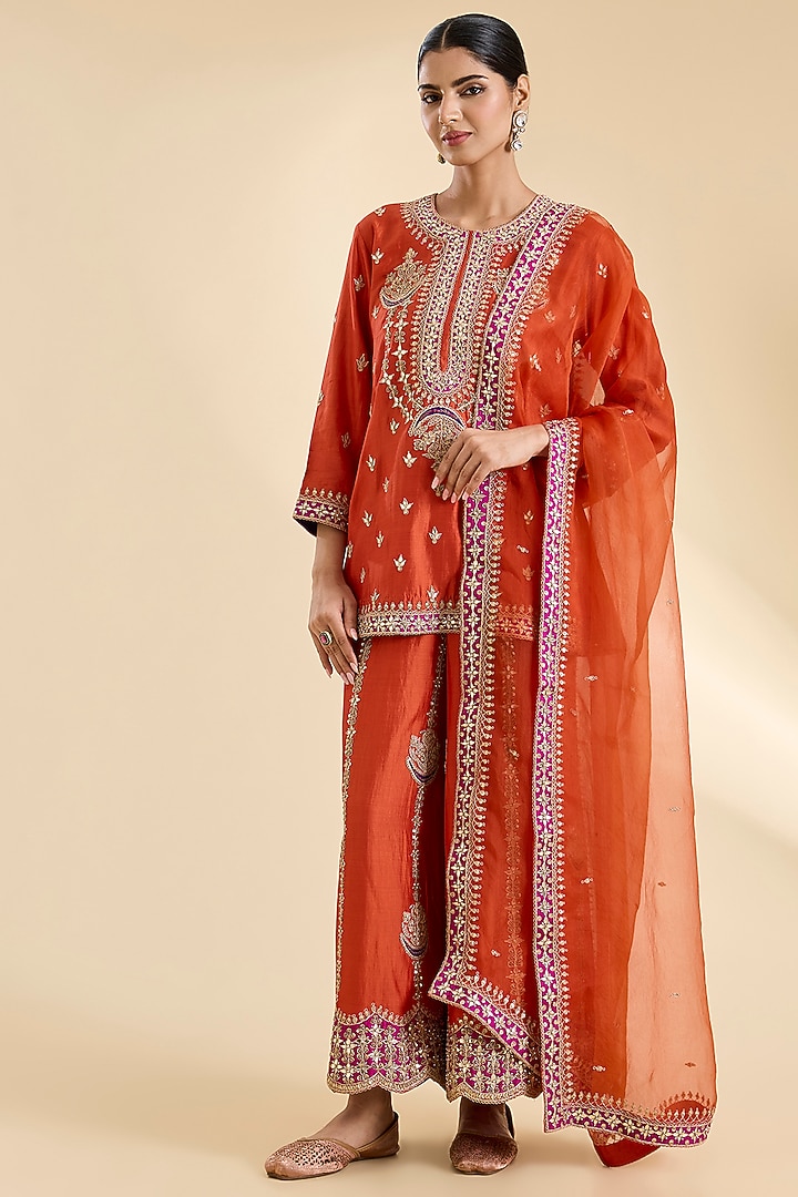 Orange Spun Silk Gota Work Kurta Set by SURBHI SHAH at Pernia's Pop Up Shop
