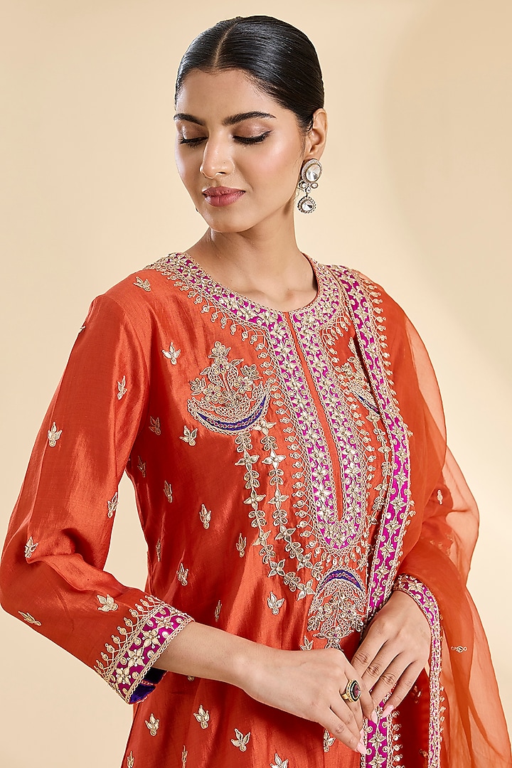 Orange Spun Silk Gota Work Kurta Set by SURBHI SHAH at Pernia's Pop Up Shop
