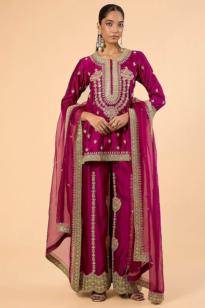 Berry Magenta Spun Silk Gota & Marori Embroidered Palazzo Pant Set by SURBHI SHAH at Pernia's Pop Up Shop