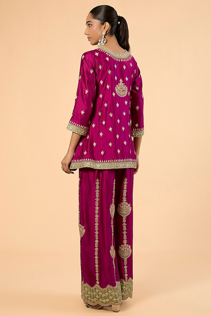 Berry Magenta Spun Silk Gota & Marori Embroidered Palazzo Pant Set by SURBHI SHAH at Pernia's Pop Up Shop