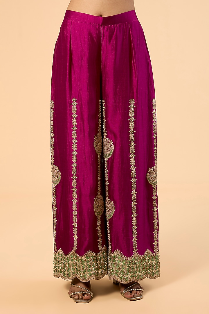 Berry Magenta Spun Silk Gota & Marori Embroidered Palazzo Pant Set by SURBHI SHAH at Pernia's Pop Up Shop