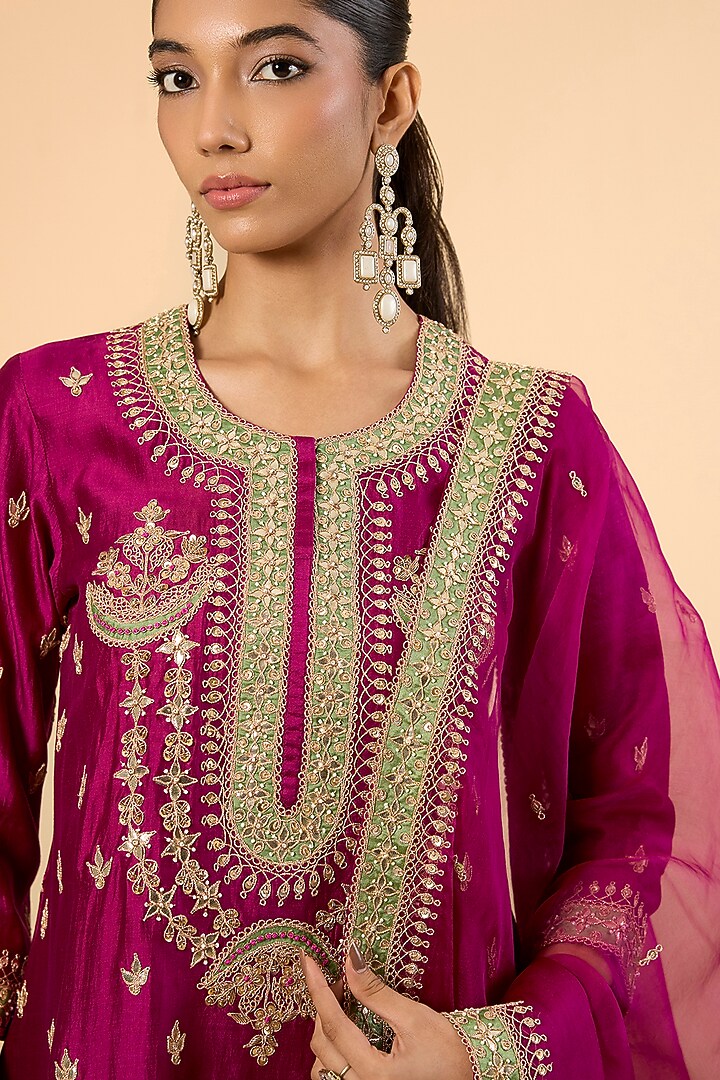 Berry Magenta Spun Silk Gota & Marori Embroidered Palazzo Pant Set by SURBHI SHAH at Pernia's Pop Up Shop