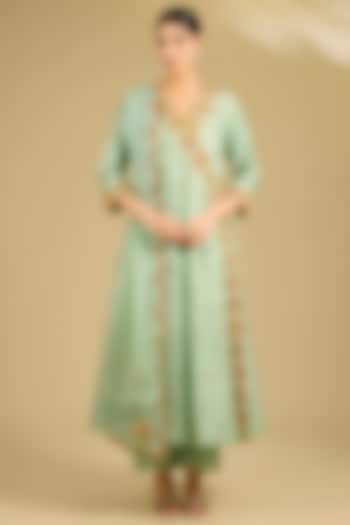 Mint Green Spun Silk Resham Work Angrakha Wedding Anarkali Set by SURBHI SHAH at Pernia's Pop Up Shop