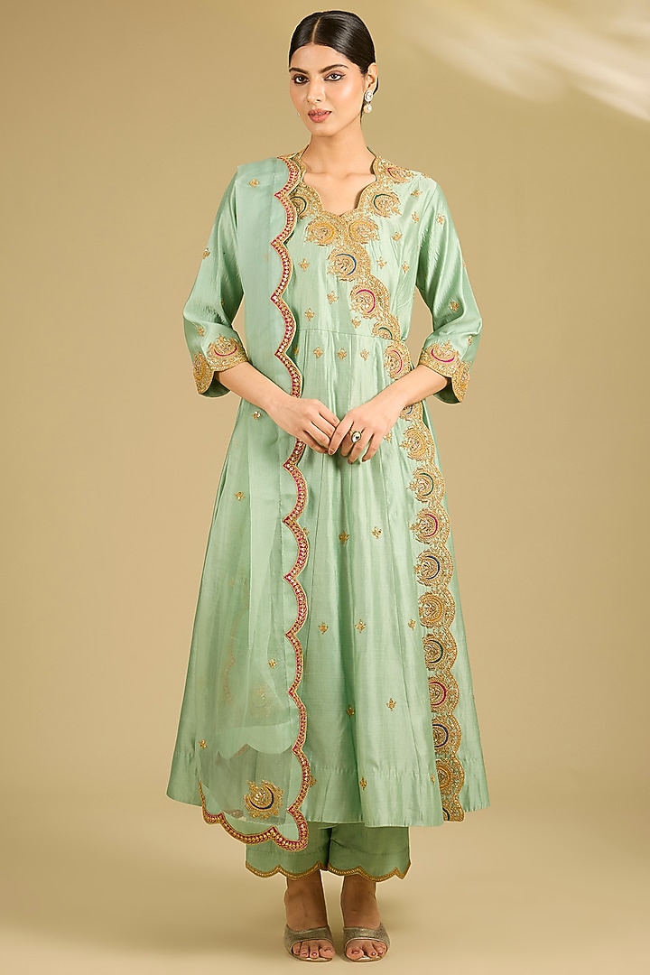 Mint Green Spun Silk Resham Work Angrakha Wedding Anarkali Set by SURBHI SHAH at Pernia's Pop Up Shop