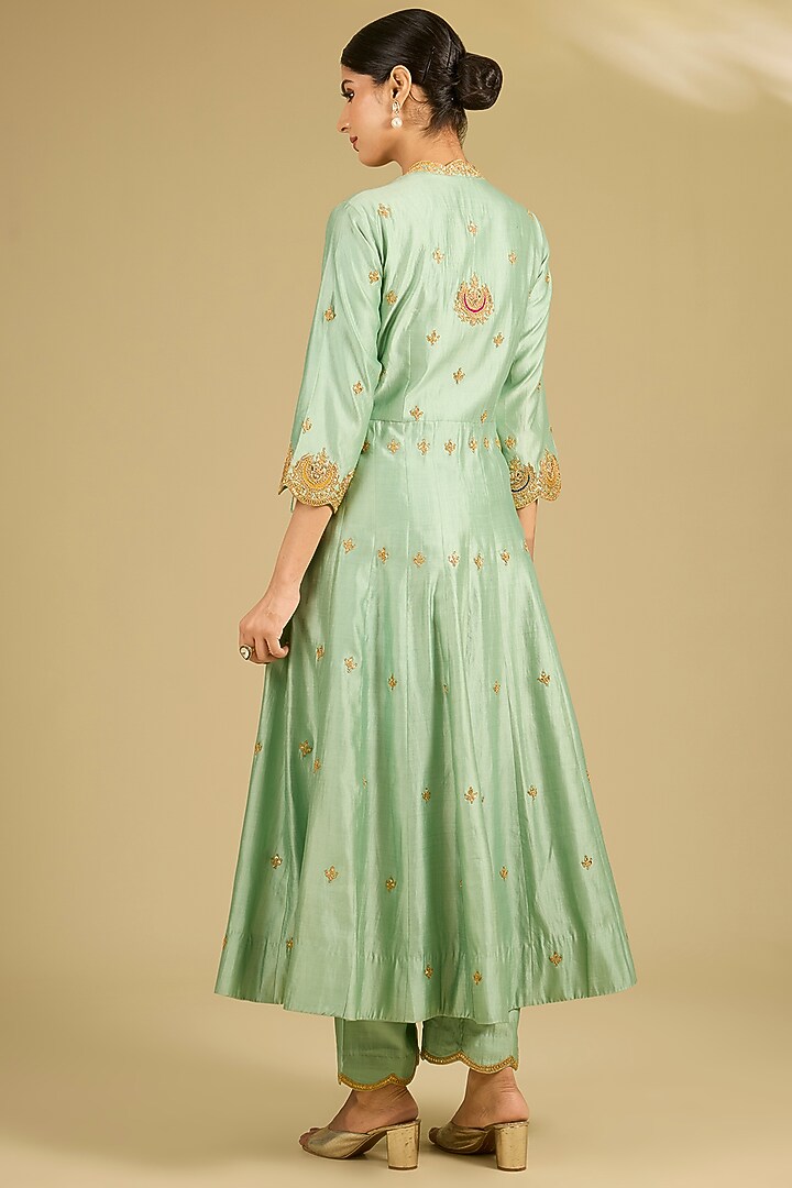 Mint Green Spun Silk Resham Work Angrakha Wedding Anarkali Set by SURBHI SHAH at Pernia's Pop Up Shop