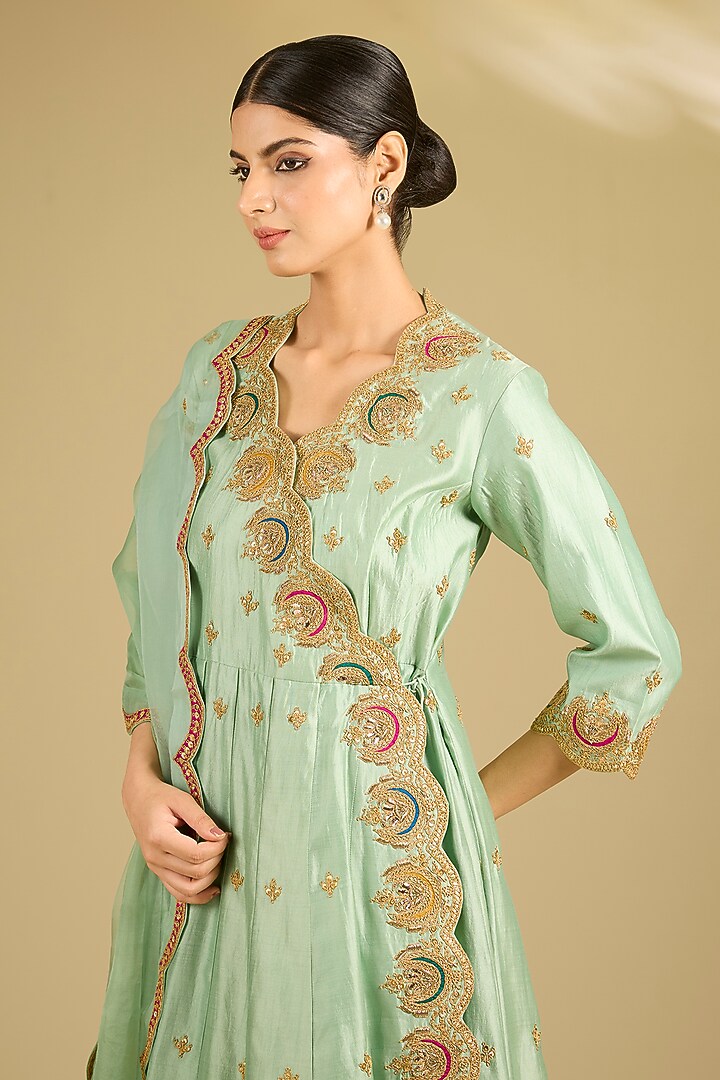 Mint Green Spun Silk Resham Work Angrakha Wedding Anarkali Set by SURBHI SHAH at Pernia's Pop Up Shop