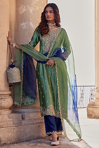 Powder Sage Green Spun Silk Sequins Work Kurta Set by SURBHI SHAH