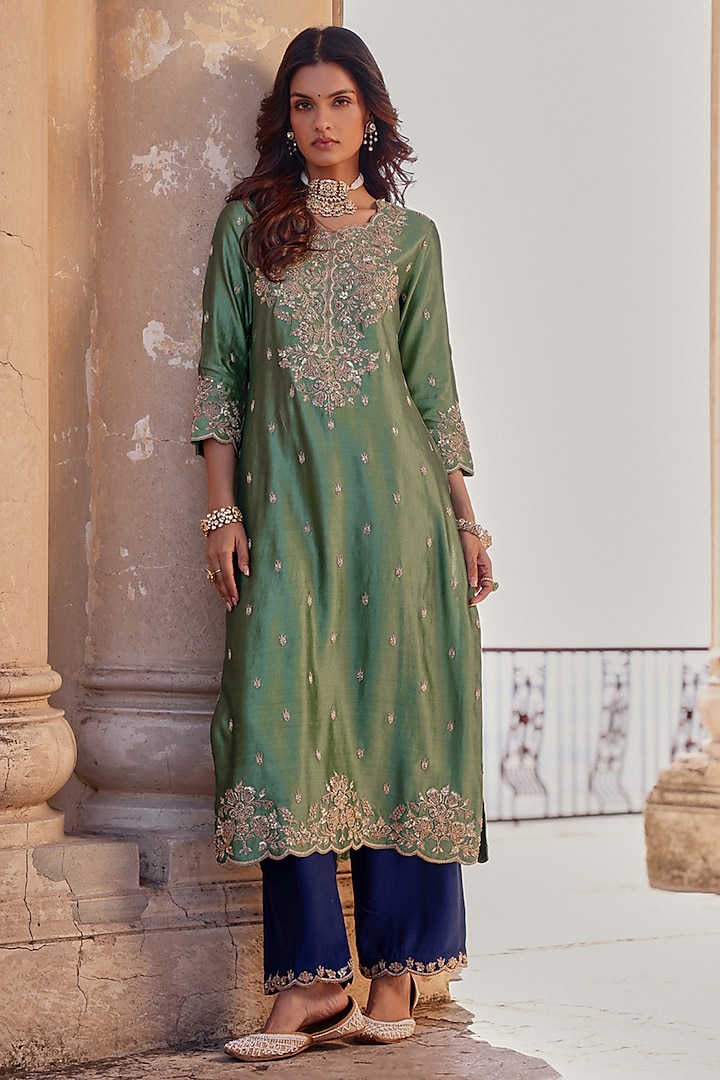 Powder Sage Green Spun Silk Sequins Work Kurta Set by SURBHI SHAH at Pernia's Pop Up Shop