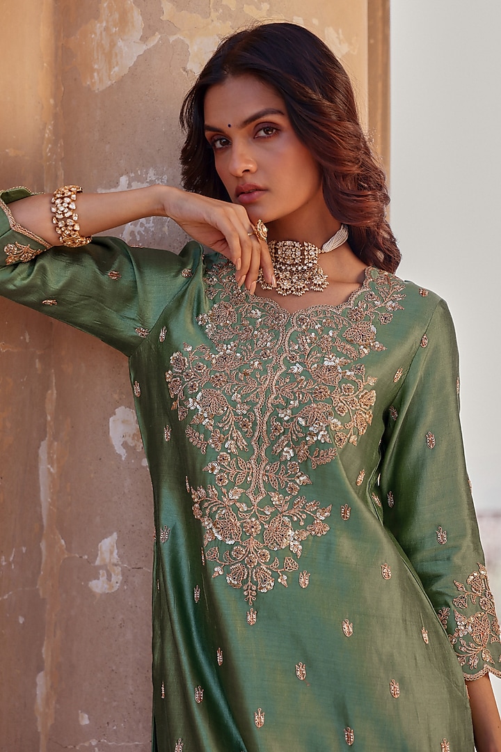 Powder Sage Green Spun Silk Sequins Work Kurta Set by SURBHI SHAH at Pernia's Pop Up Shop