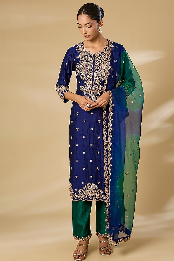 Navy Blue Spun Silk Sequins Work Kurta Set by SURBHI SHAH at Pernia's Pop Up Shop