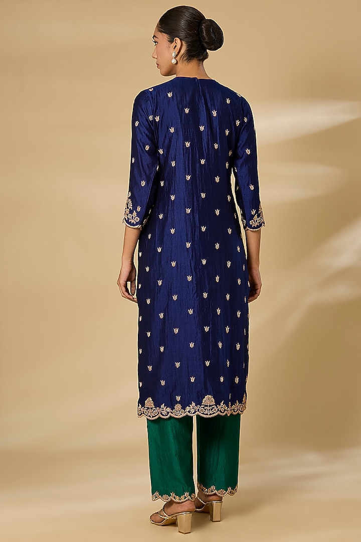 Navy Blue Spun Silk Sequins Work Kurta Set by SURBHI SHAH at Pernia's Pop Up Shop