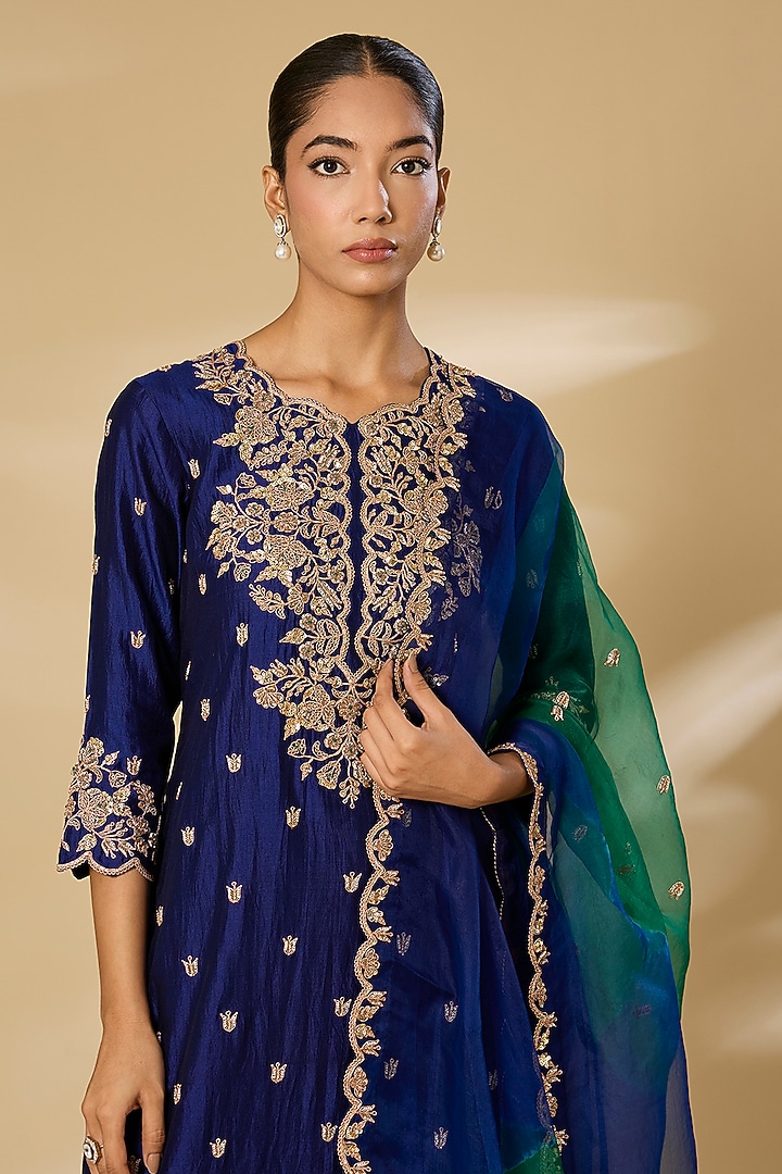 Navy Blue Spun Silk Sequins Work Kurta Set by SURBHI SHAH at Pernia's Pop Up Shop