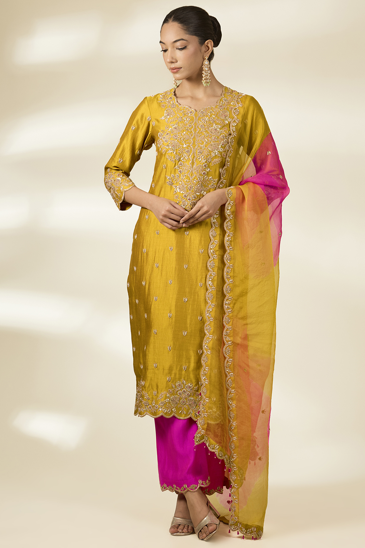 Mustard Spun Silk Sequin Work Kurta Set by Surbhi Shah at Pernia's Pop Up Shop