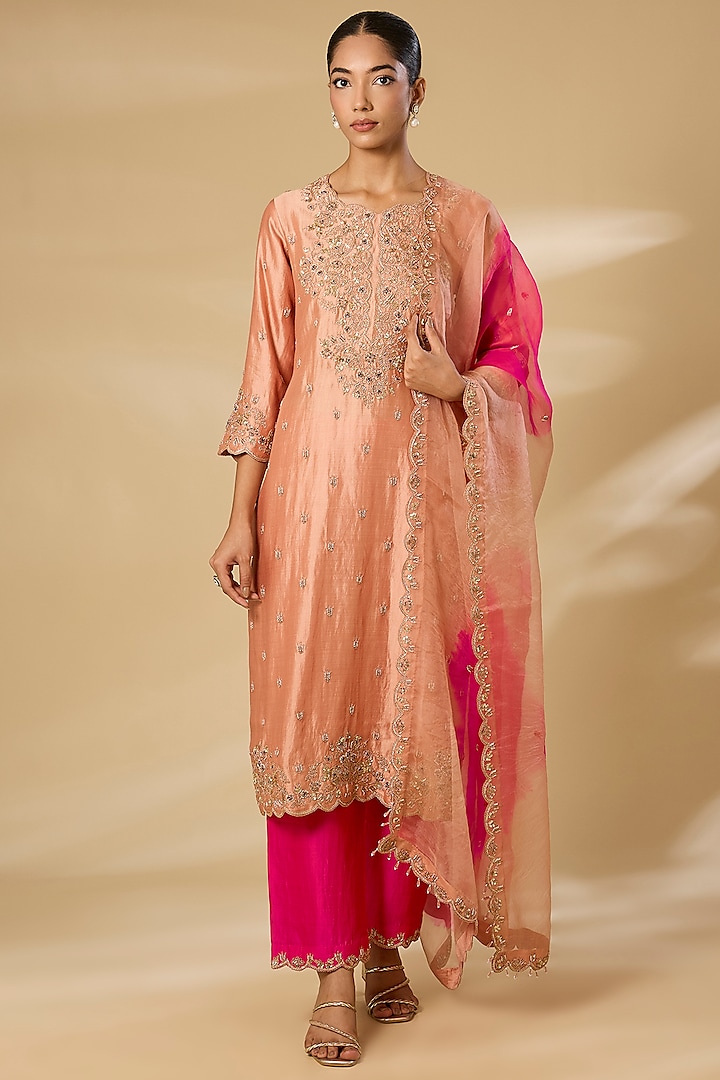 Old Rose Spun Silk Sequins Work Kurta Set by SURBHI SHAH at Pernia's Pop Up Shop