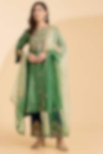 Sage Green Spun Silk Zardosi Work Kurta Set by Surbhi Shah at Pernia's Pop Up Shop