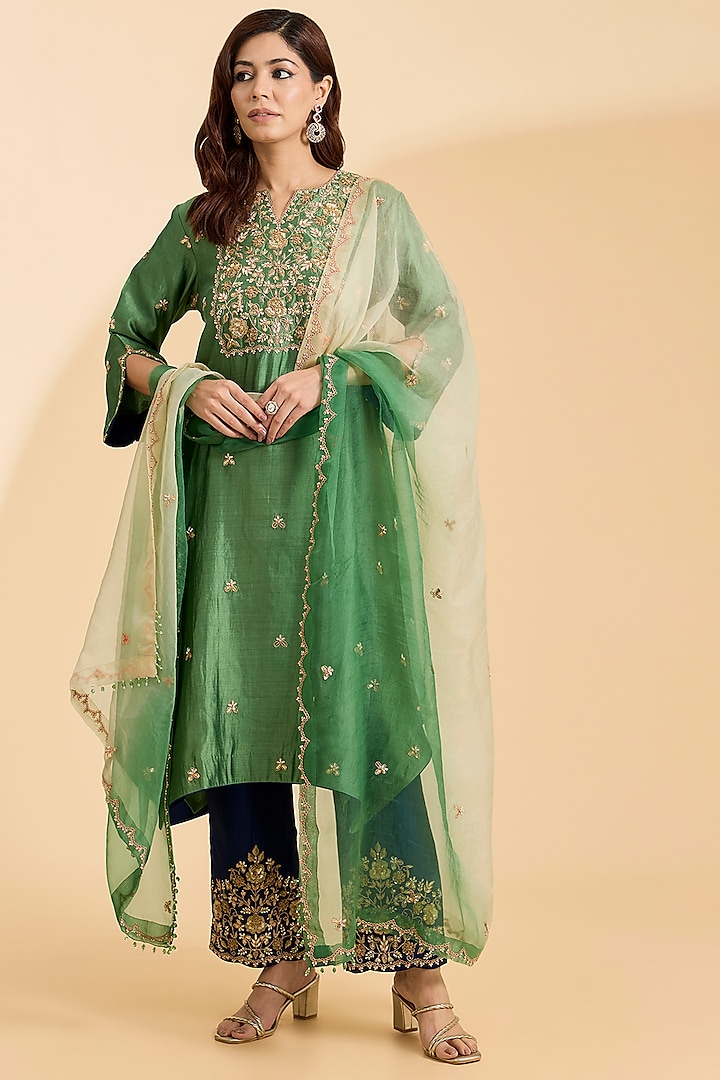 Sage Green Spun Silk Zardosi Work Kurta Set by Surbhi Shah at Pernia's Pop Up Shop