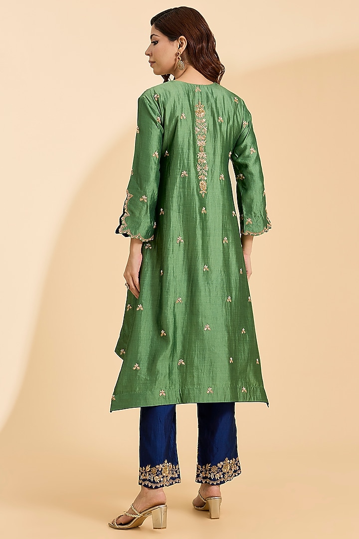 Sage Green Spun Silk Zardosi Work Kurta Set by Surbhi Shah at Pernia's Pop Up Shop