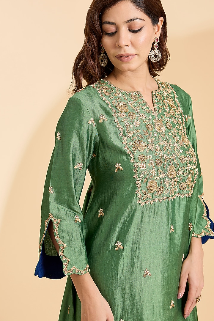 Sage Green Spun Silk Zardosi Work Kurta Set by Surbhi Shah at Pernia's Pop Up Shop