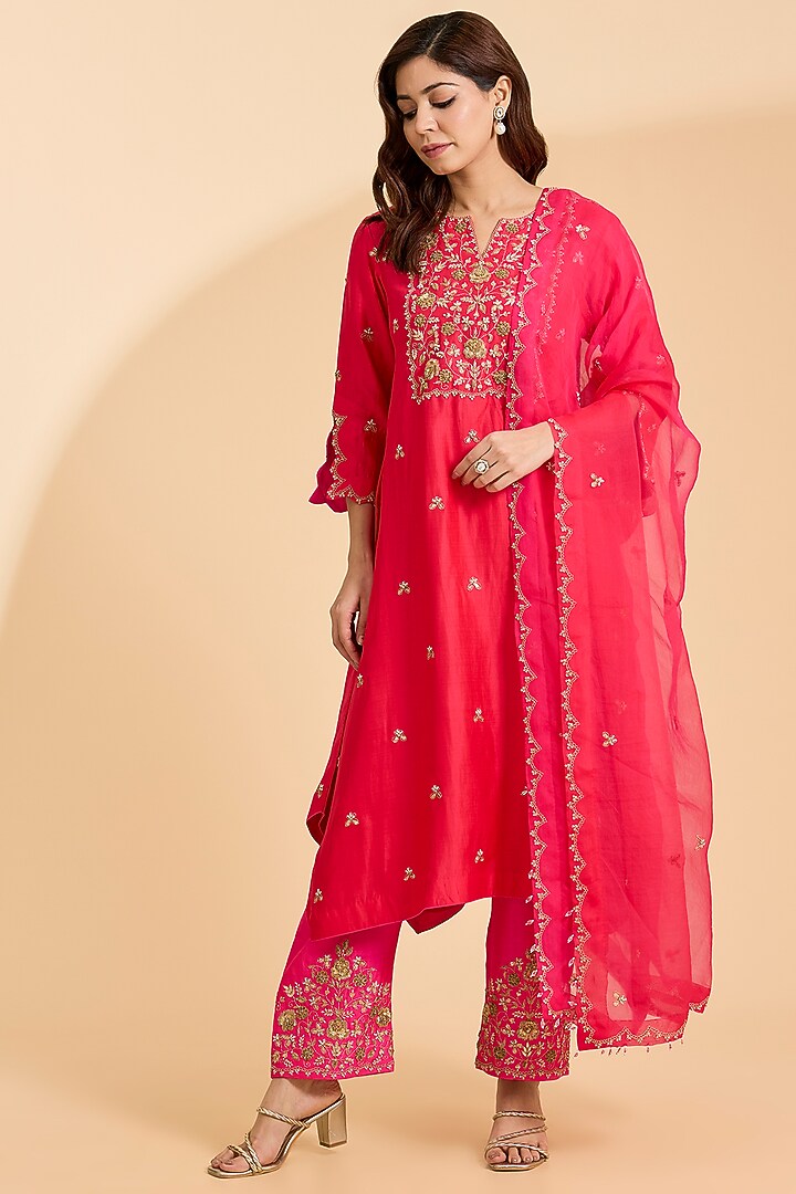 Strawberry Red Spun Silk Zardosi Work Kurta Set by Surbhi Shah at Pernia's Pop Up Shop