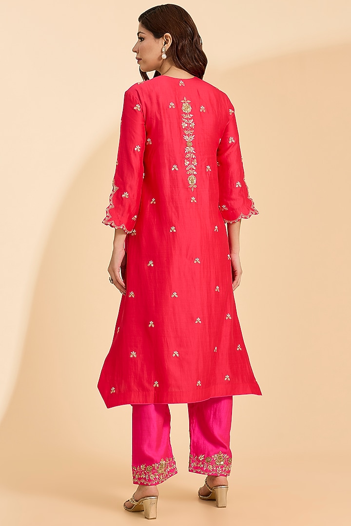 Strawberry Red Spun Silk Zardosi Work Kurta Set by Surbhi Shah at Pernia's Pop Up Shop