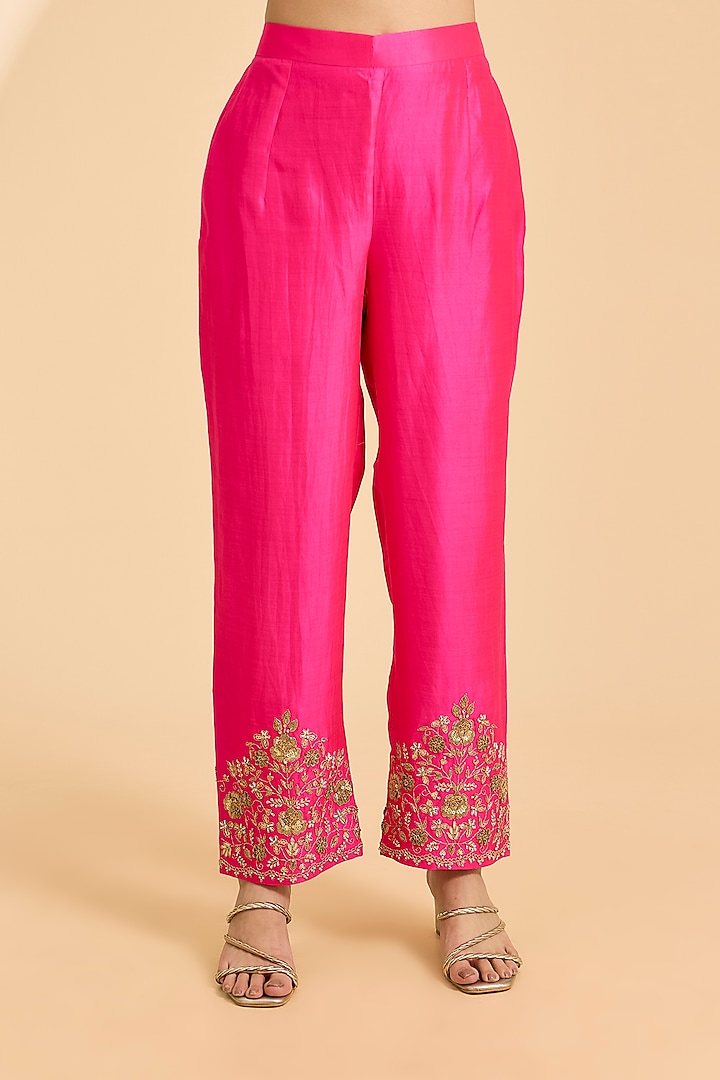 Strawberry Red Spun Silk Zardosi Work Kurta Set by Surbhi Shah at Pernia's Pop Up Shop