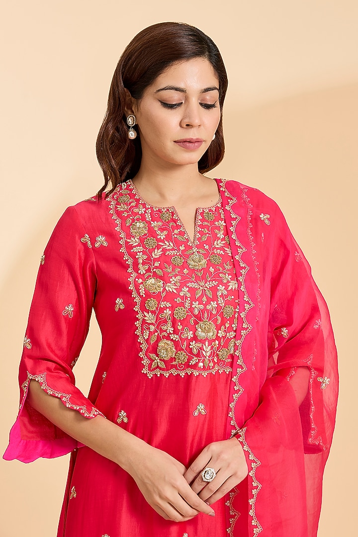 Strawberry Red Spun Silk Zardosi Work Kurta Set by Surbhi Shah at Pernia's Pop Up Shop