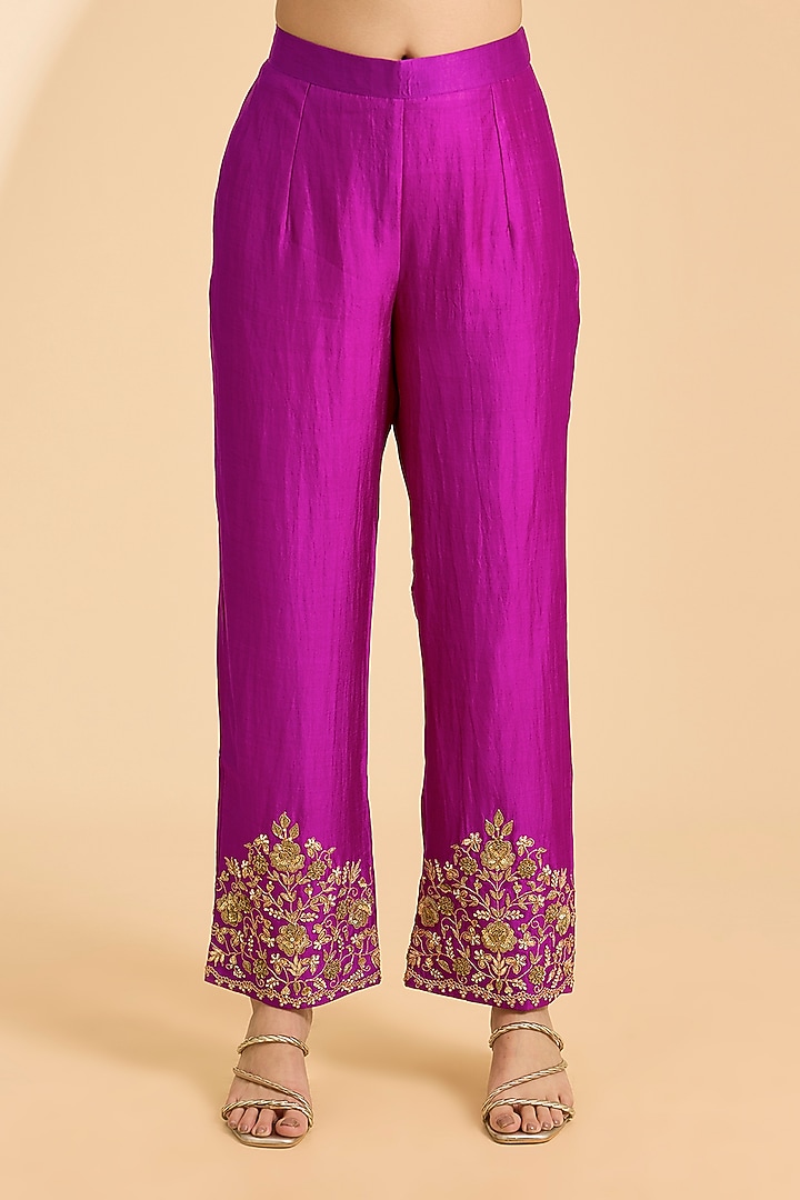 Magenta Spun Silk Zardosi Work Kurta Set by Surbhi Shah at Pernia's Pop Up Shop