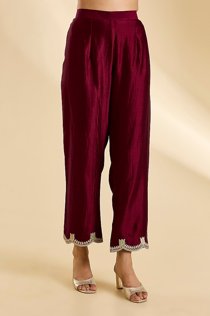 Maroon Spun Silk Zardosi Work Kurta Set by SURBHI SHAH at Pernia's Pop Up Shop