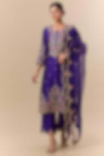Purple Spun Silk Marori Embroidered Kurta Set by SURBHI SHAH at Pernia's Pop Up Shop