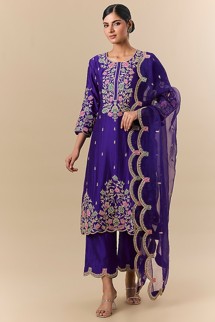Purple Spun Silk Marori Embroidered Kurta Set by SURBHI SHAH at Pernia's Pop Up Shop
