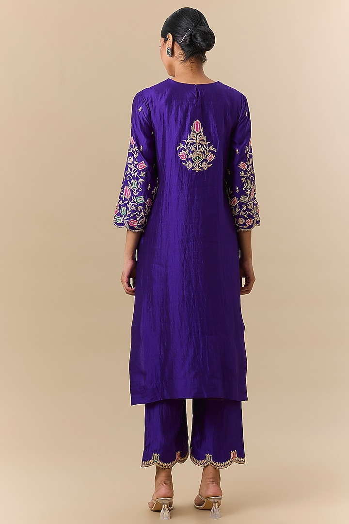 Purple Spun Silk Marori Embroidered Kurta Set by SURBHI SHAH at Pernia's Pop Up Shop