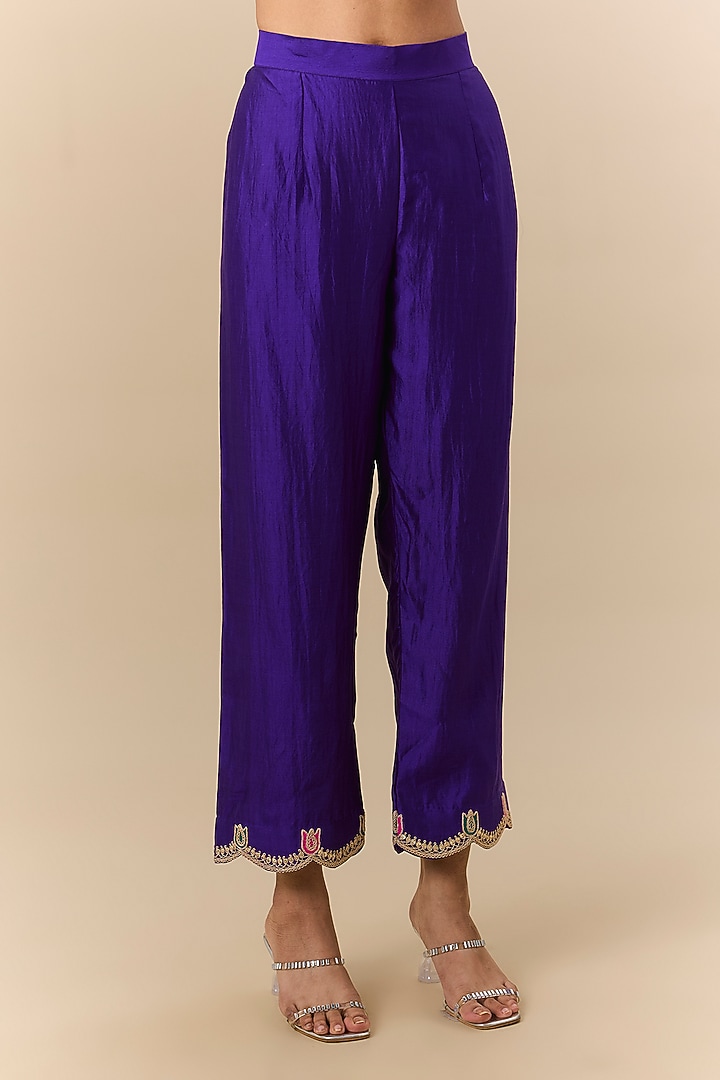 Purple Spun Silk Marori Embroidered Kurta Set by SURBHI SHAH at Pernia's Pop Up Shop